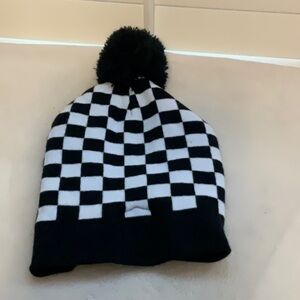 Kids Checkered Black and White Pom-Pom Beanie